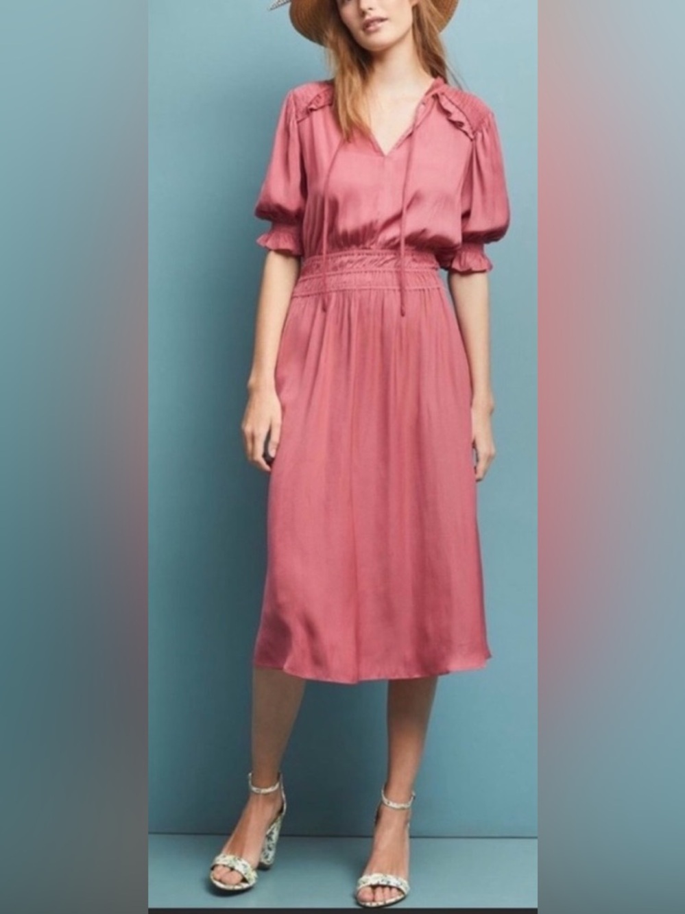 Current Air by Anthropologie Rose-Mauve Midi Dress with Ruffle Collar Size S - Picture 3 of 11